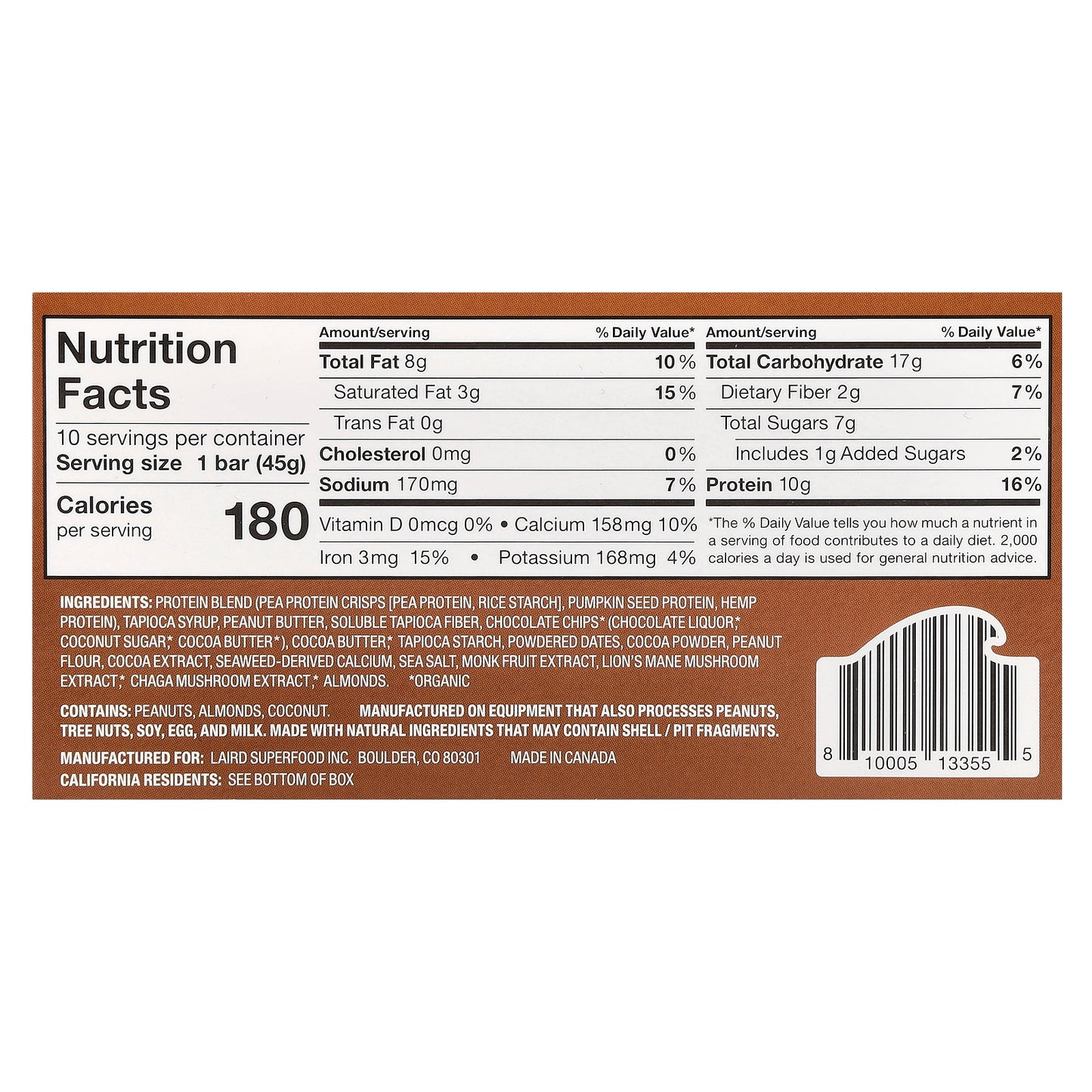 Laird Superfood, Superfood Protein Bar + Adaptogens, Double Chocolate Peanut Butter  , 10 Bars, 1.6 oz (45 g) Each