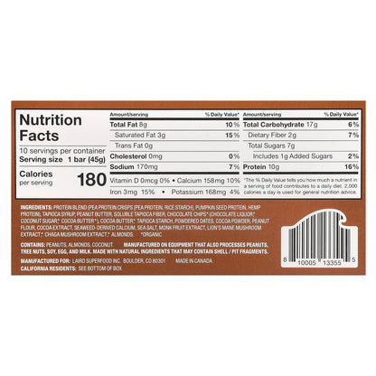 Laird Superfood, Superfood Protein Bar + Adaptogens, Double Chocolate Peanut Butter  , 10 Bars, 1.6 oz (45 g) Each