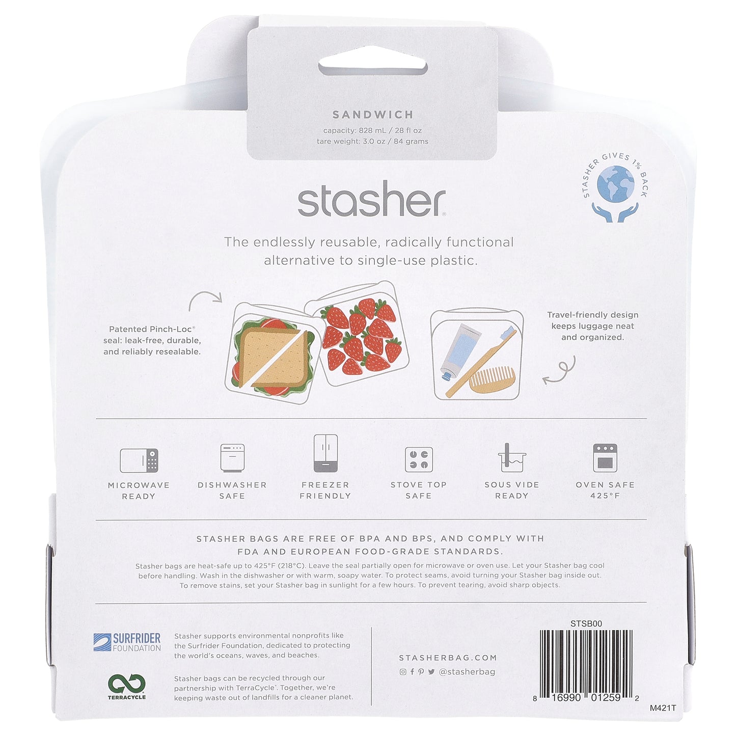 Stasher, Reusable Storage Bag, Sandwich Size, Clear, 28 fl oz (828 ml)