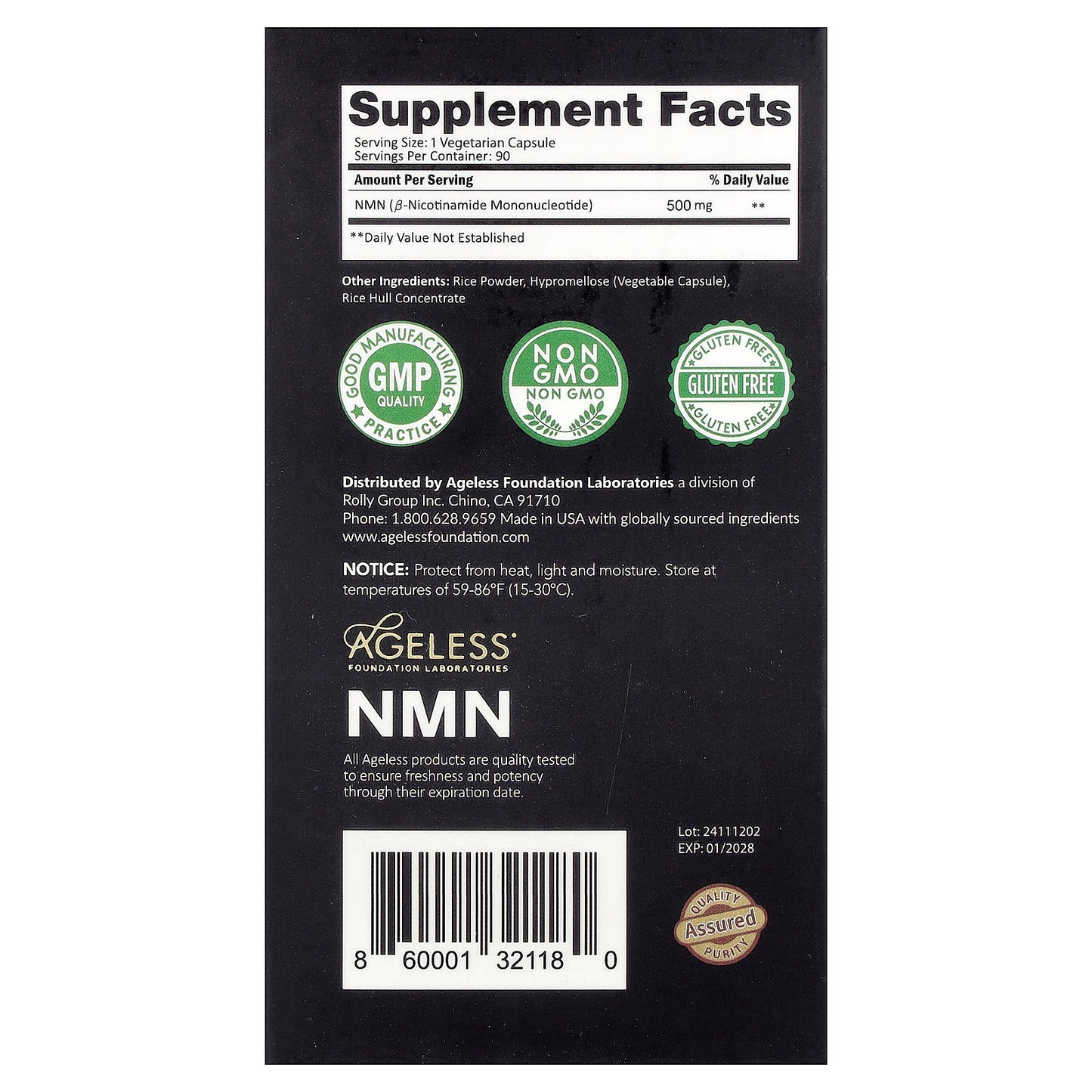 Ageless Foundation Laboratories, NMN, 500 mg, 90 Veg Capsules