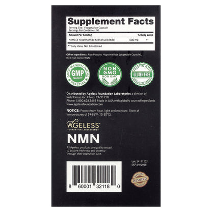 Ageless Foundation Laboratories, NMN, 500 mg, 90 Veg Capsules