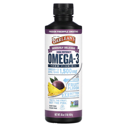 Barlean's, Seriously Delicious, Omega-3 From Fish Oil, Passion Pineapple Smoothie, 16 oz (454 g)