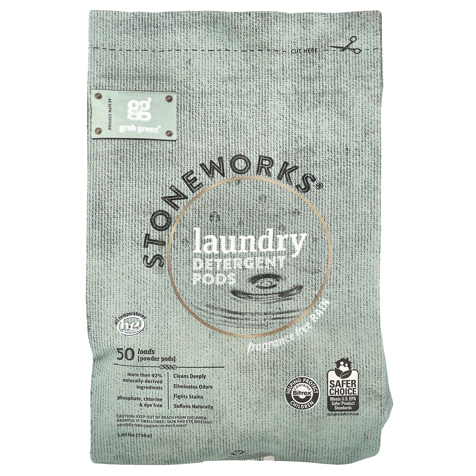 Grab Green, Stoneworks®, Laundry Detergent Pods, Fragrance Free, Rain, 50 Loads, 1.65 lbs (750 g)