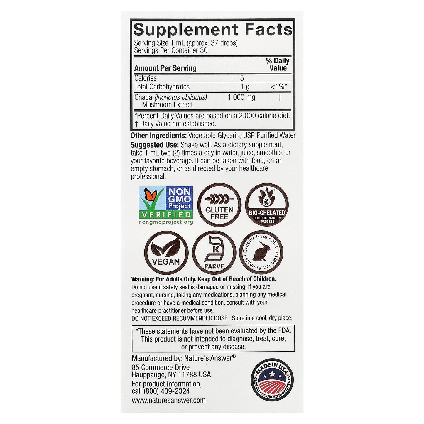 Nature's Answer, Chaga, Mushroom Extract, Alcohol Free, 1 fl oz (30 ml)