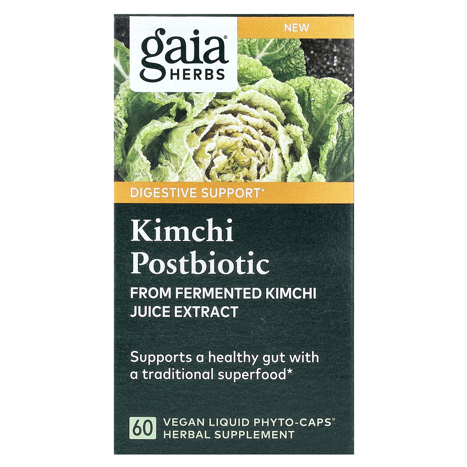 Gaia Herbs, Kimchi Postbiotic, 1.2 g, 60 Vegan Liquid Phyto-Caps (0.6 g per Capsule)