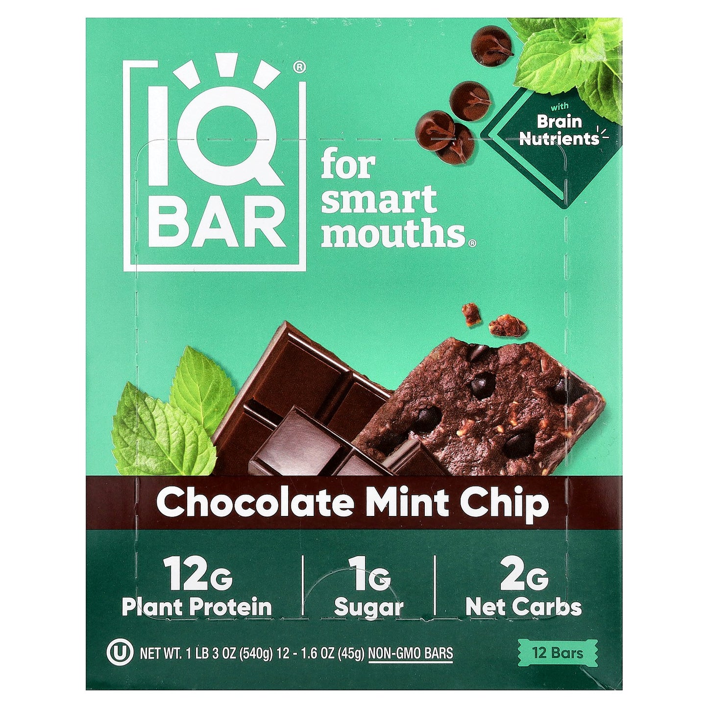 IQBAR, Plant Protein Bars, Chocolate Mint Chip, 12 Bars, 1.6 oz (45 g) Each