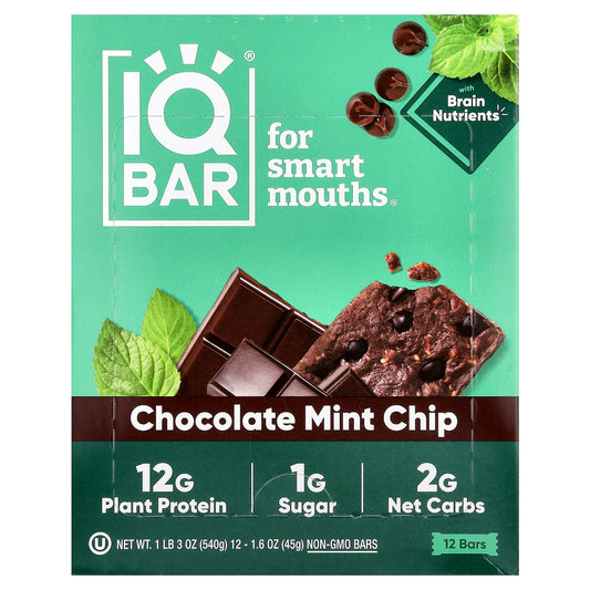 IQBAR, Plant Protein Bars, Chocolate Mint Chip, 12 Bars, 1.6 oz (45 g) Each