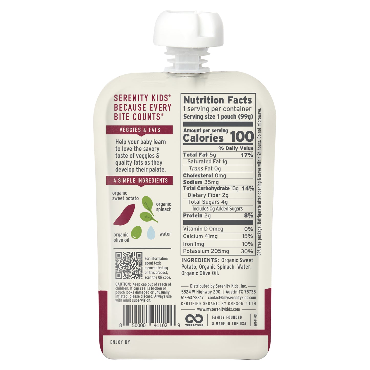 Serenity Kids, Organic Sweet Potato & Spinach with Olive Oil, 6+ Months, 3.5 oz (99 g)