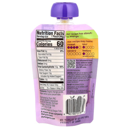 Plum Organics, Organic Baby Food, Just® Mangos, Stage 1, 4+ Months, 3.5 oz (99 g)