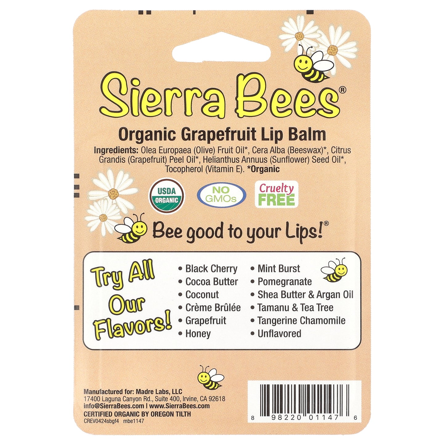 Sierra Bees, Organic Lip Balms, Grapefruit, 4 Pack, 0.15 oz (4.25 g) Each