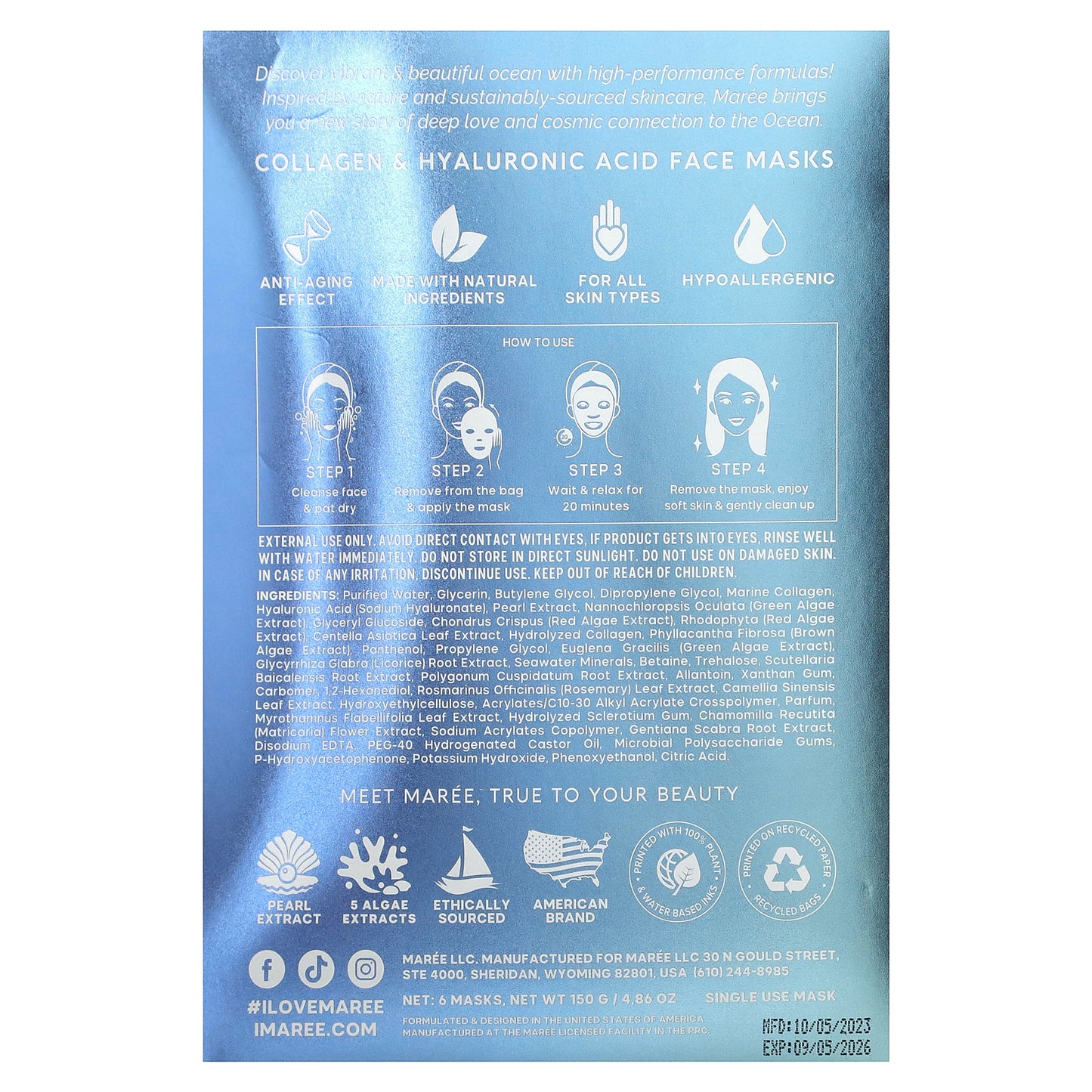 Maree, Marine Collagen Beauty Facial Mask, 6 Masks