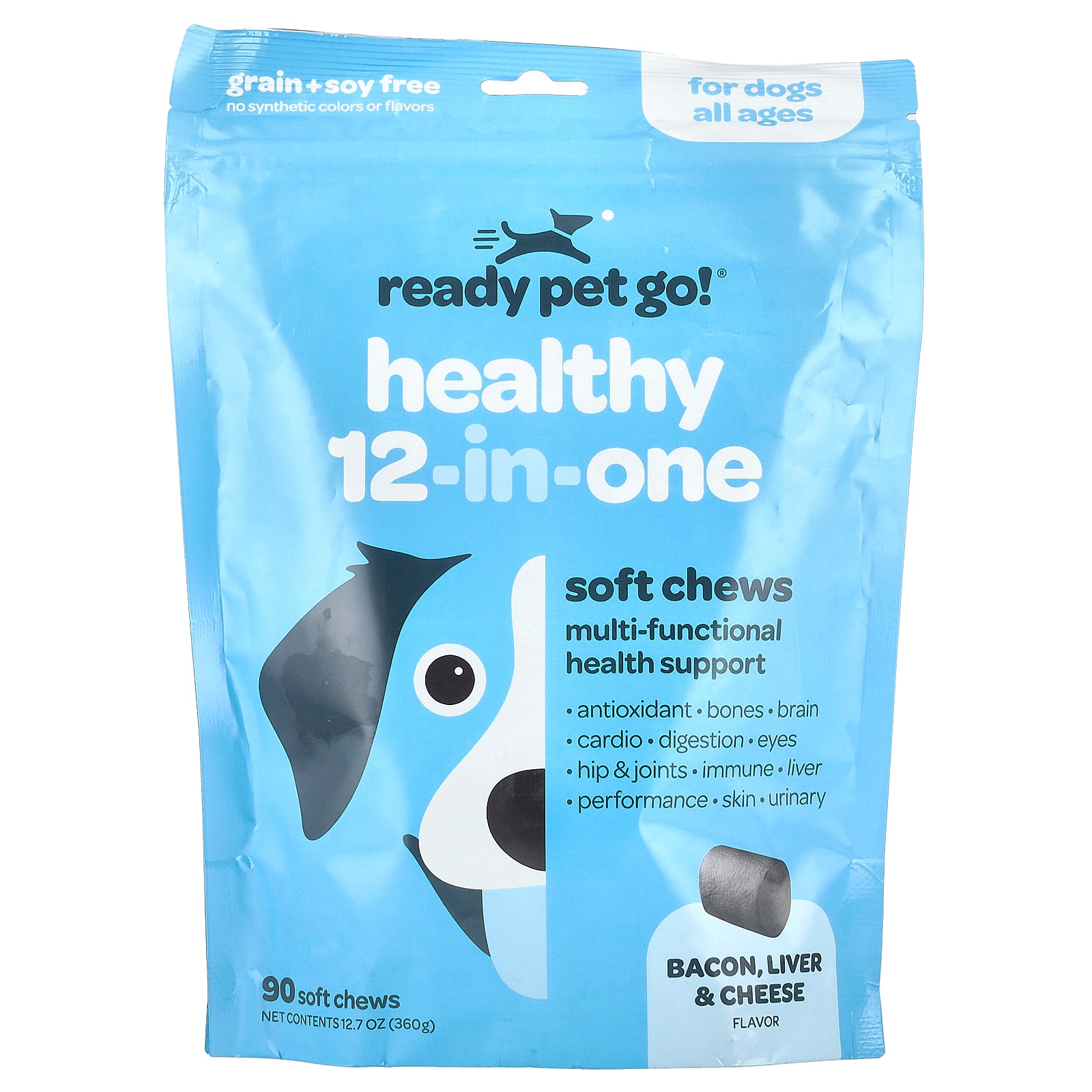 Ready Pet Go, Healthy 12-In-One, For Dogs, All Ages, Bacon, Liver & Cheese, 90 Soft Chews, 12.7 oz (360 g)