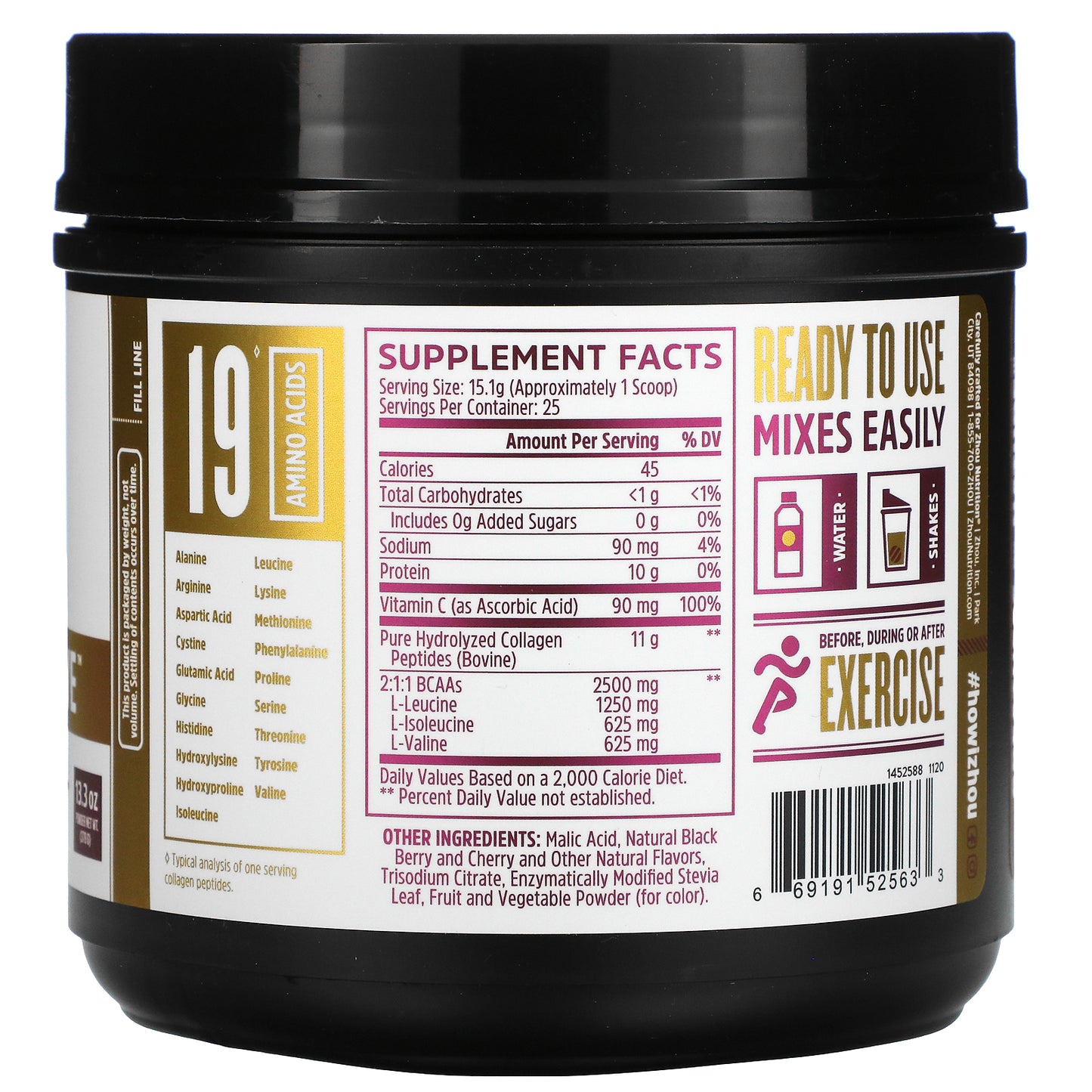 Zhou Nutrition, Collagen Active, Black Berry and Cherry, 13.3 oz (378 g)