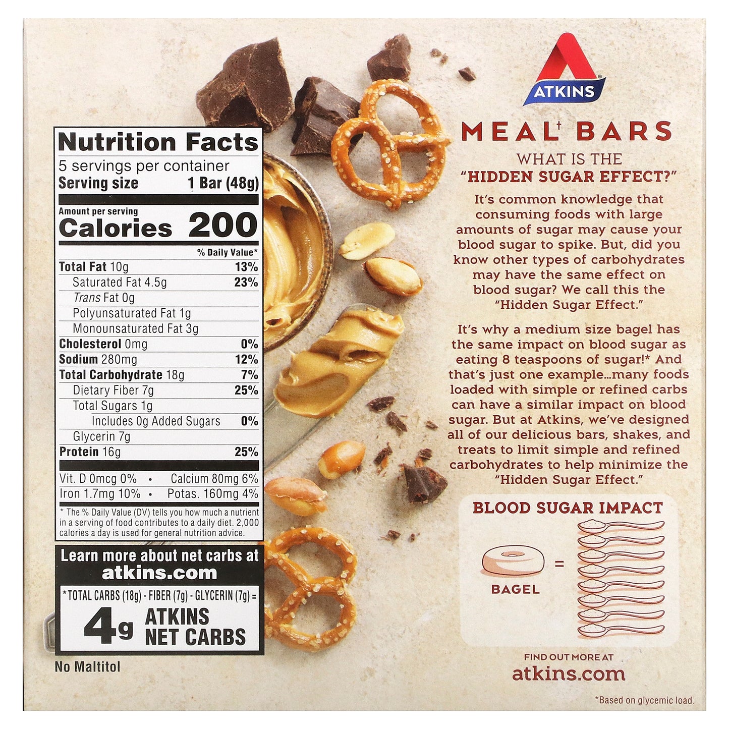 Atkins, Protein Meal Bar, Chocolate Peanut Butter Pretzel, 5 Bars, 1.69 oz (48 g) Each