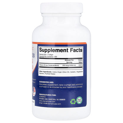 Vitamatic, Vitamin D3, 250 mcg (10,000 IU), 500 Softgels