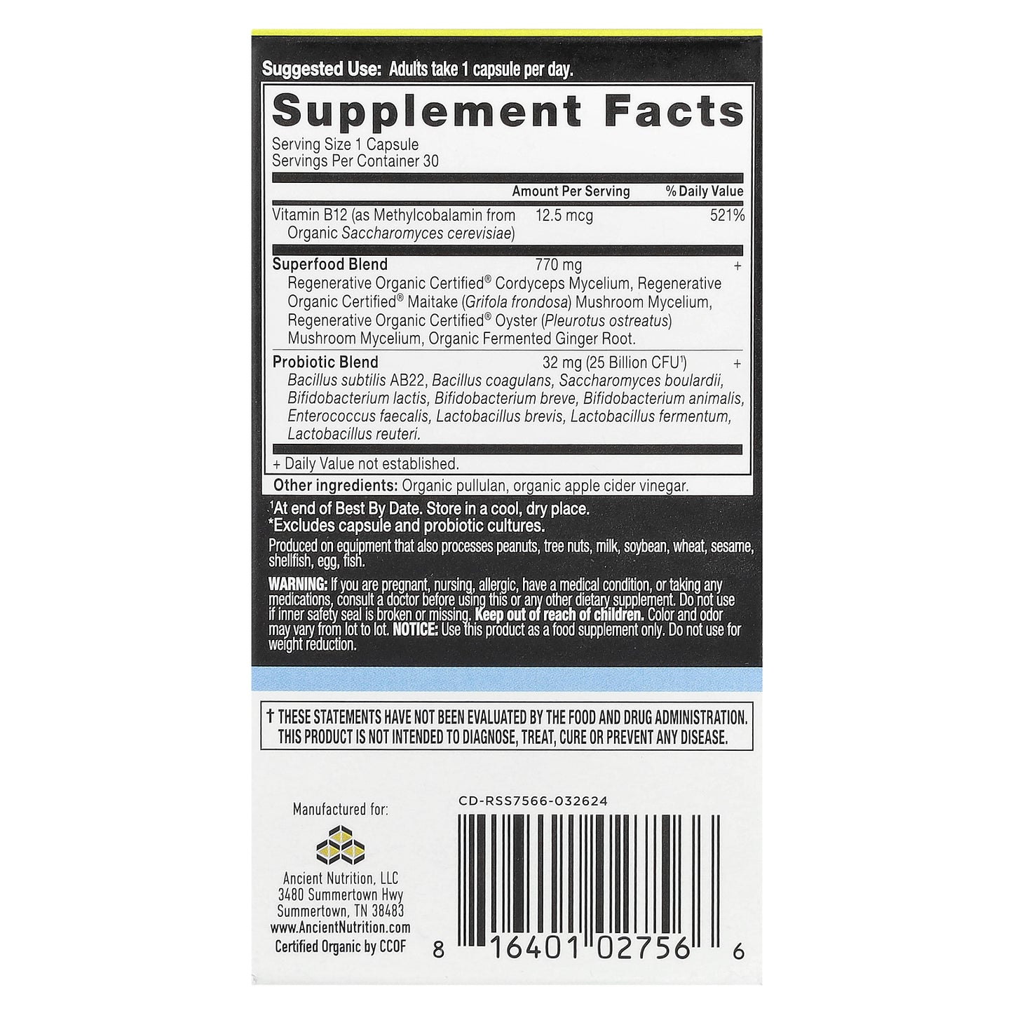 Ancient Nutrition, Once Daily Probiotics, 30 Capsules