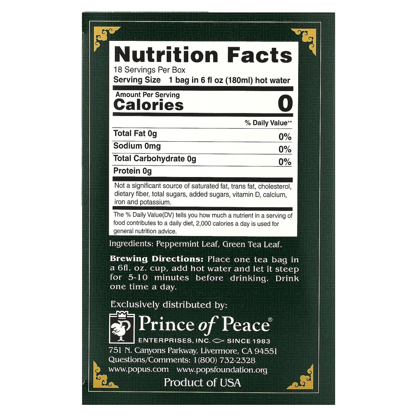 Prince of Peace, Peppermint Green Tea, 18 Tea Bags, 1.14 oz (32.4 g)