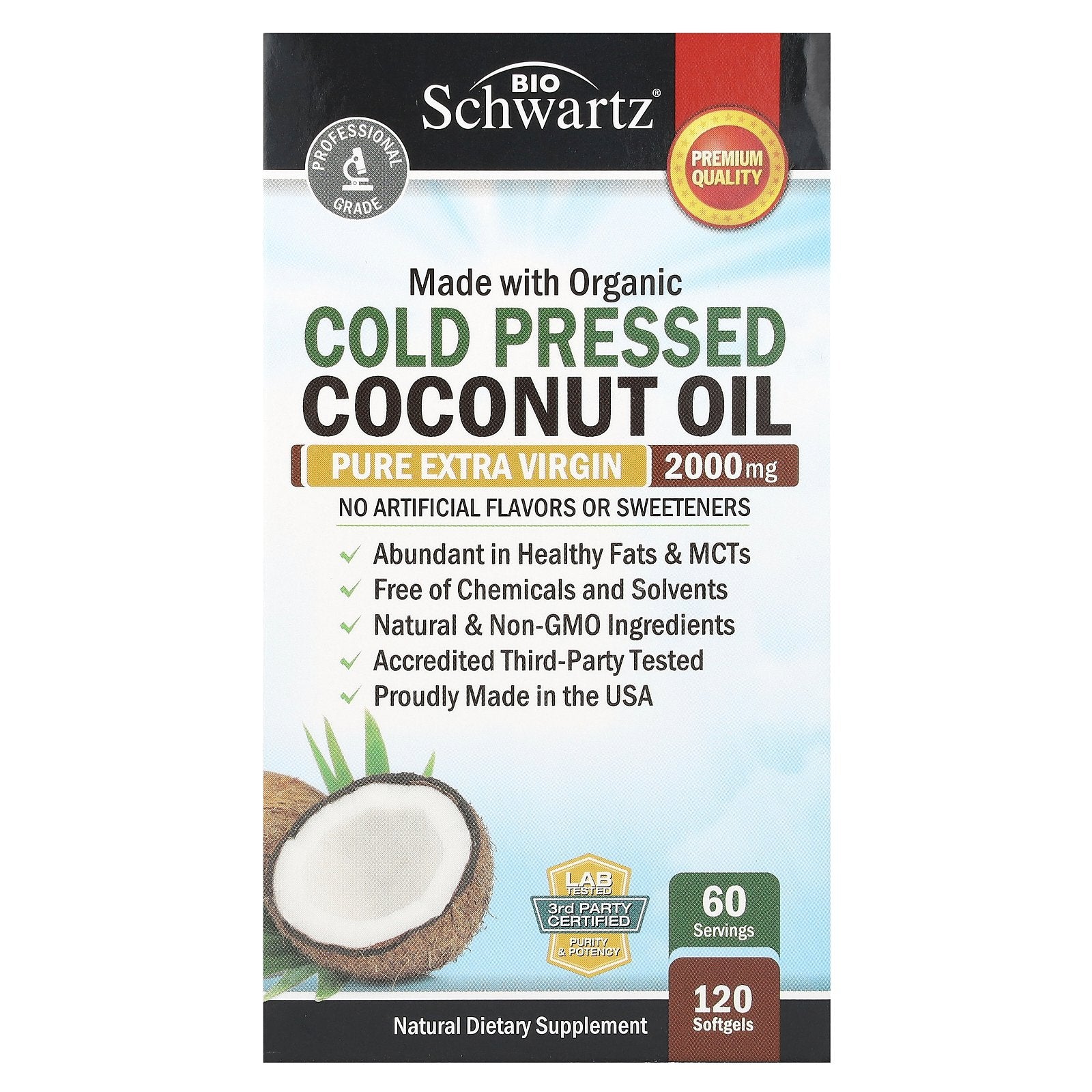 BioSchwartz, Organic Cold Pressed Coconut Oil, Pure Extra Virgin, 2,000 mg, 120 Softgels (1,000 mg per Softgel)