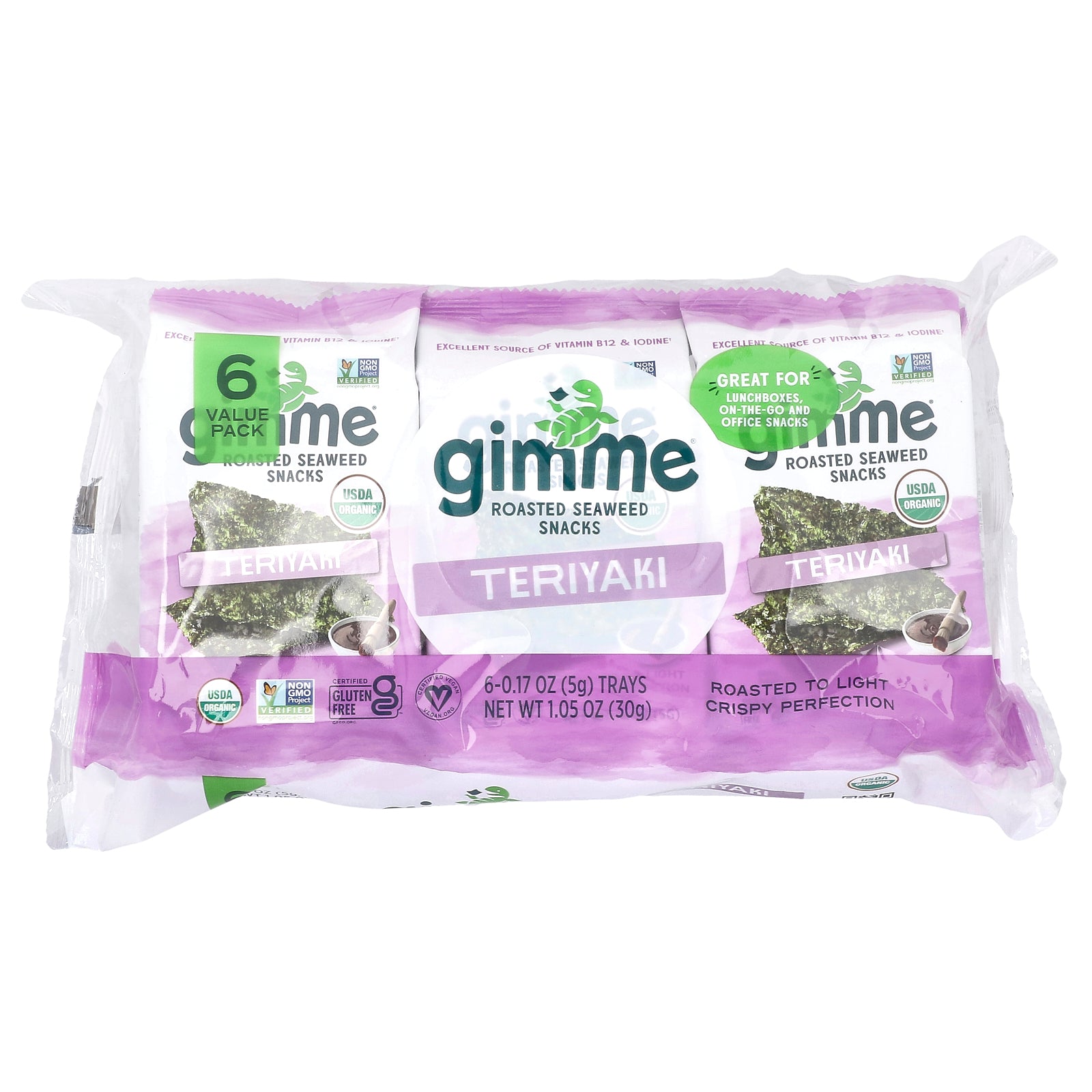 gimMe, Roasted Seaweed Snacks, Teriyaki, 6 Packs, 0.17 oz (5 g) Each