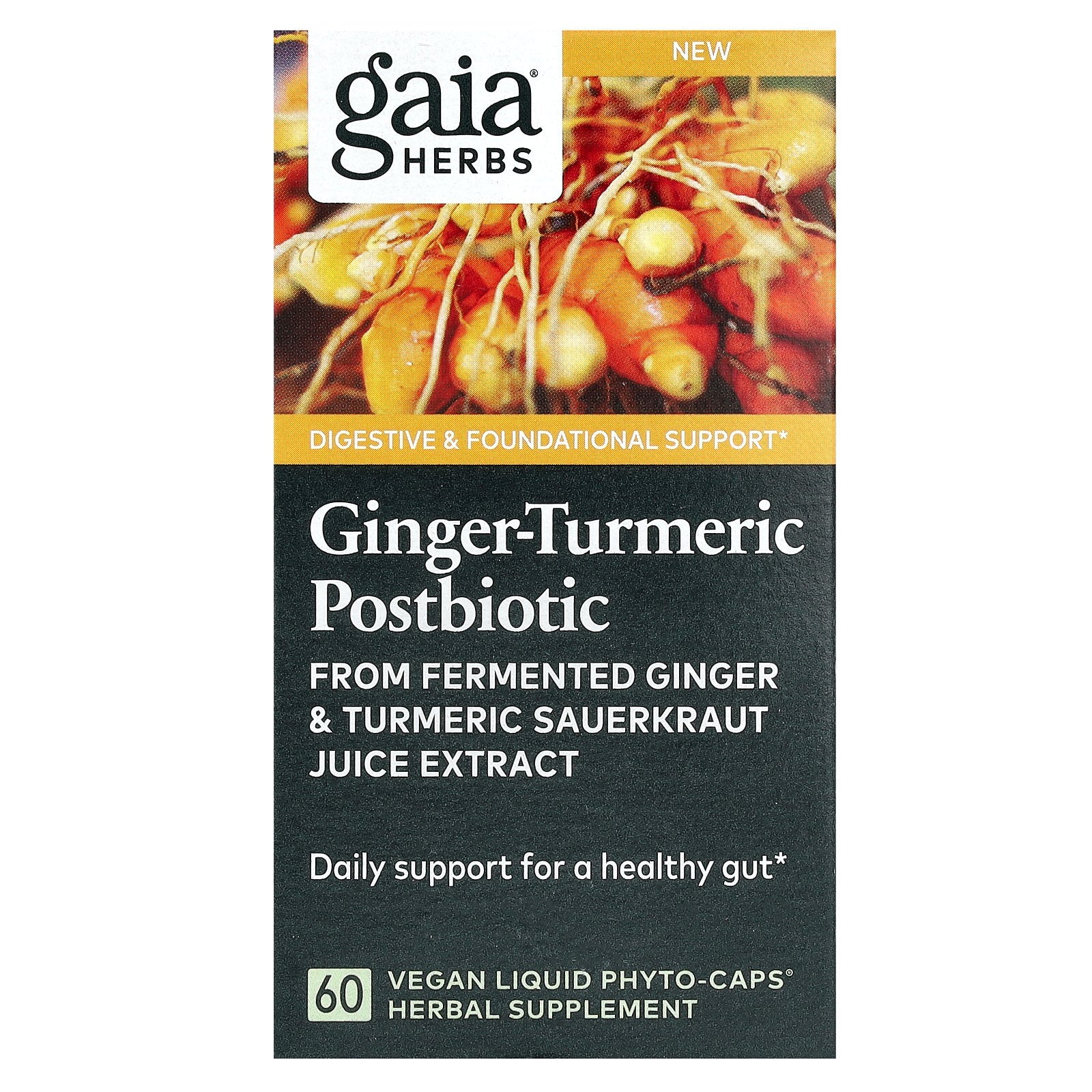 Gaia Herbs, Ginger-Turmeric Postbiotic, 60 Vegan Liquid Phyto-Caps (0.6 g per Capsule)