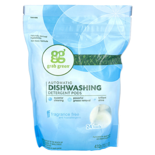 Grab Green, Automatic Dishwashing Detergent Pods, Fragrance Free, 24 Loads, 15.2 oz (432 g)