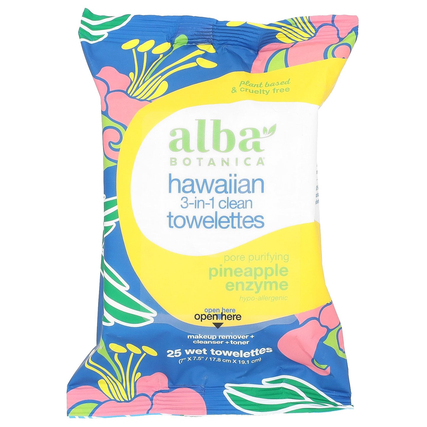 Alba Botanica, Hawaiian 3-in-1 Clean Towelettes, Pineapple Enzyme, 25 Wet Towelettes