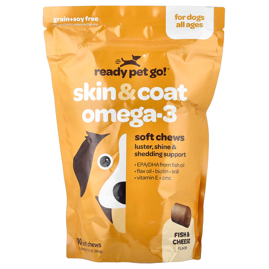 Ready Pet Go, Skin & Coat Omega-3, For Dogs, All Ages, Fish & Cheese, 90 Soft Chews, 12.7 oz (360 g)
