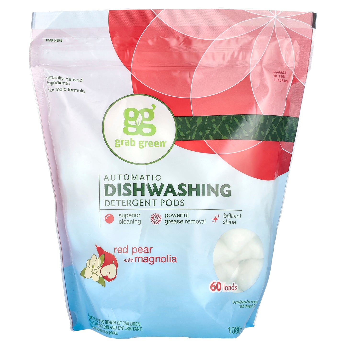 Grab Green, Automatic Dishwashing Detergent Pods, Red Pear with Magnolia, 60 Loads, 2 lbs 6 oz (1080 g)