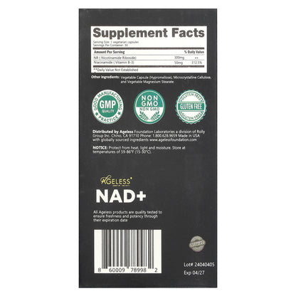 Ageless Foundation Laboratories, NAD+ Boost, 30 Veg Capsules