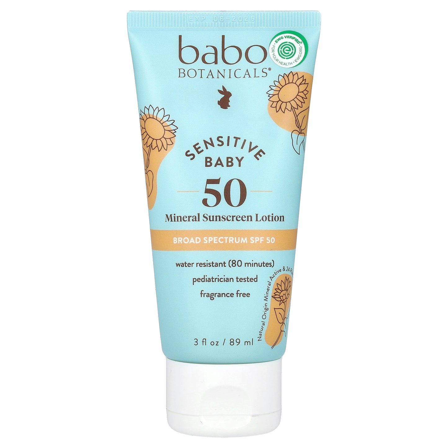 Babo Botanicals, Sensitive Baby, Mineral Sunscreen Lotion, SPF 50, Fragrance Free, 3 fl oz (89 ml)