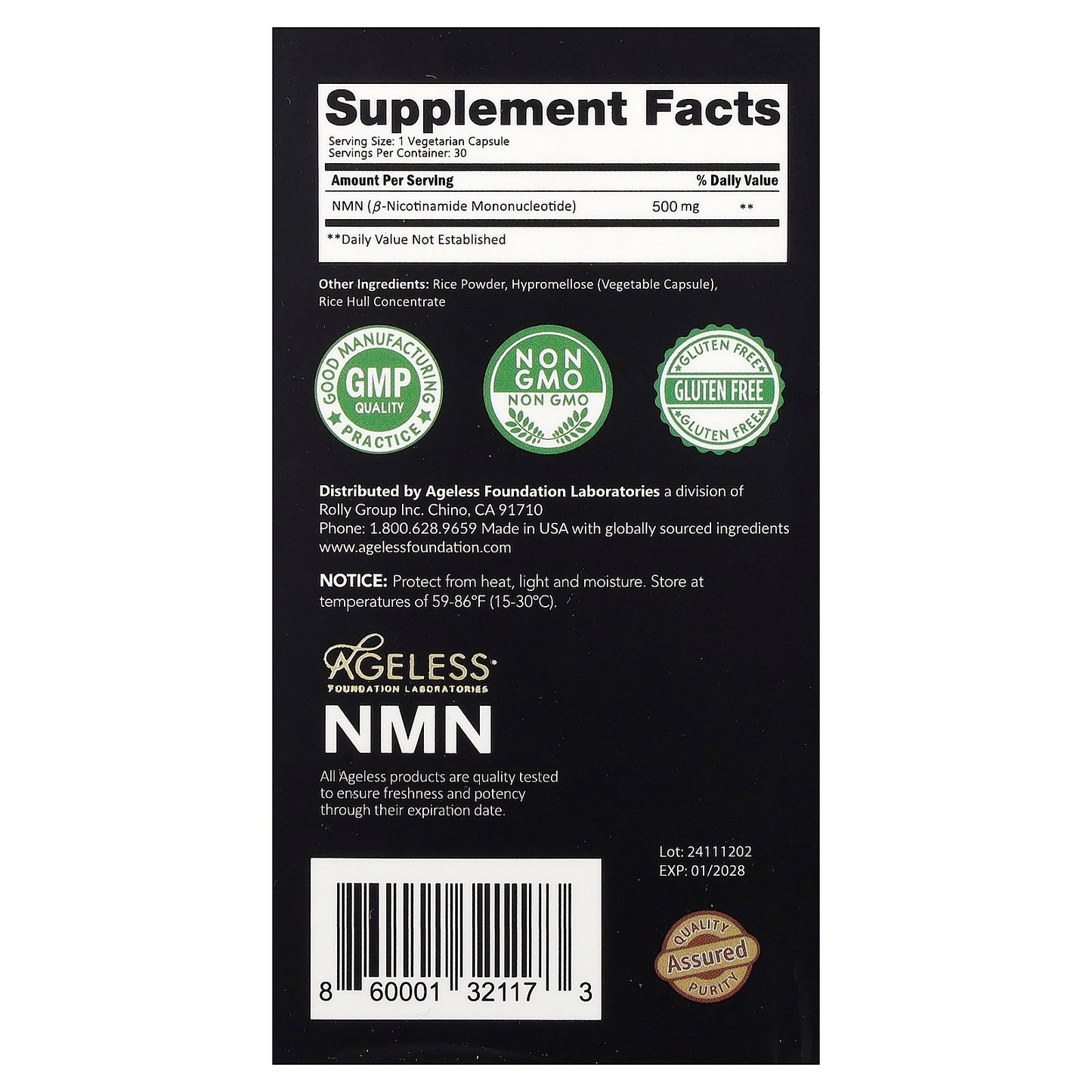 Ageless Foundation Laboratories, NMN, 500 mg, 30 Veg Capsules