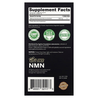 Ageless Foundation Laboratories, NMN, 500 mg, 30 Veg Capsules