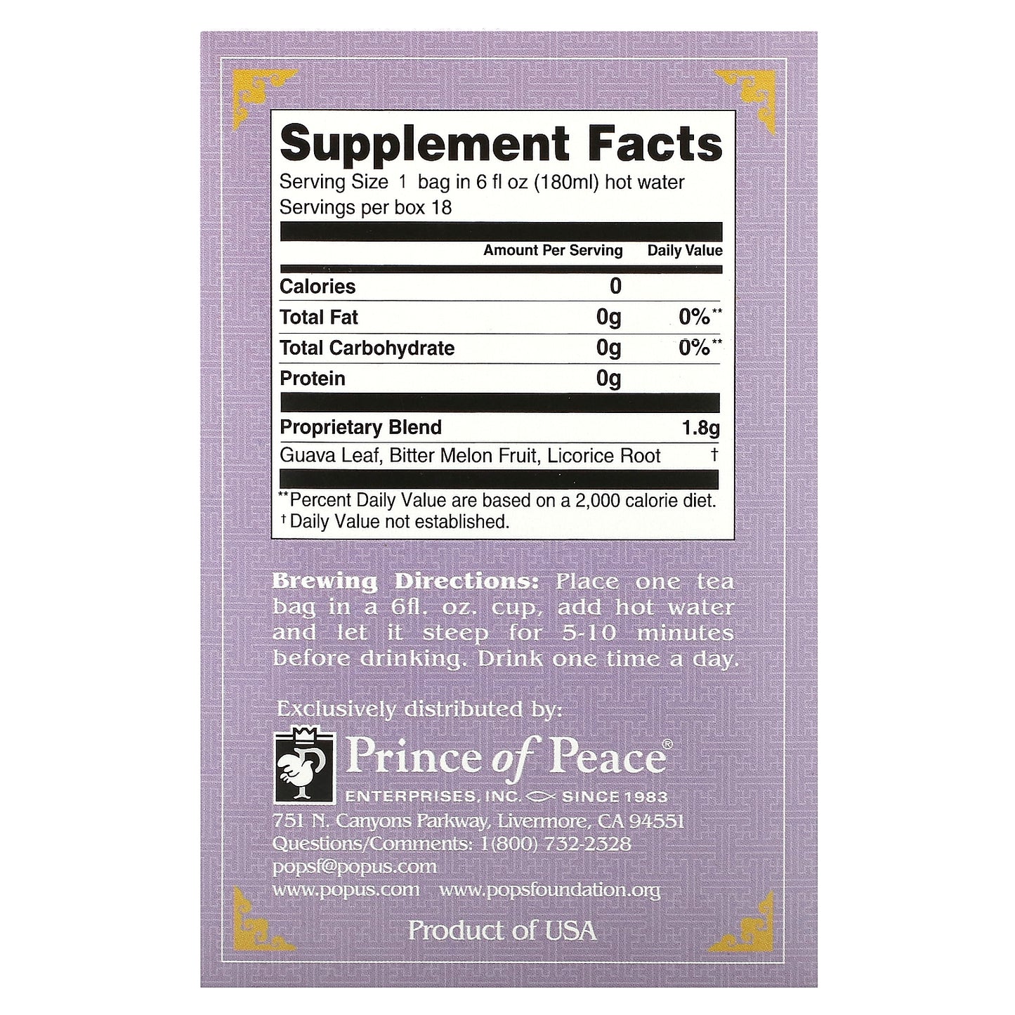 Prince of Peace, Herbal Tea, Blood Sugar, 18 Tea Bags, 1.14 oz (32.4 g)