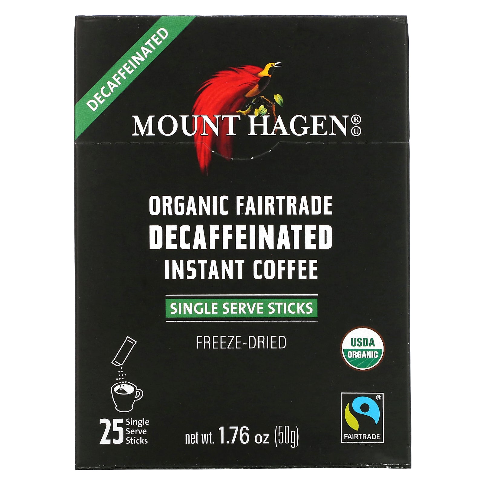 Mount Hagen, Organic Fairtrade Instant Coffee, Decaffeinated, 25 Single Serve Sticks, 1.76 oz (50 g)