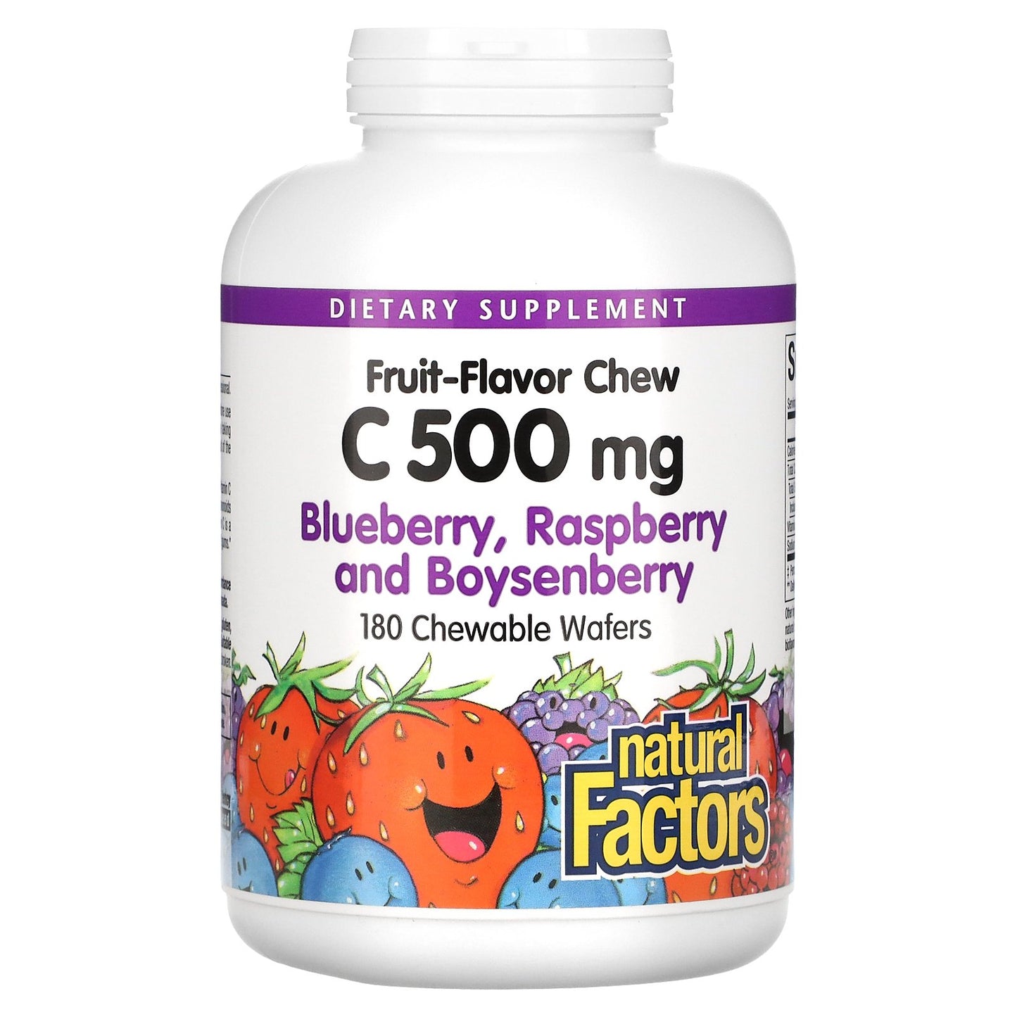 Natural Factors, Fruit-Flavor Chew Vitamin C, Blueberry, Raspberry and Boysenberry, 500 mg, 180 Chewable Wafers