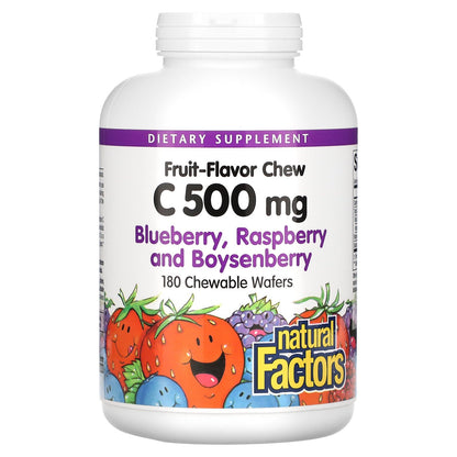 Natural Factors, Fruit-Flavor Chew Vitamin C, Blueberry, Raspberry and Boysenberry, 500 mg, 180 Chewable Wafers