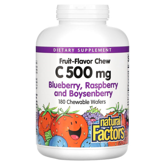 Natural Factors, Fruit-Flavor Chew Vitamin C, Blueberry, Raspberry and Boysenberry, 500 mg, 180 Chewable Wafers