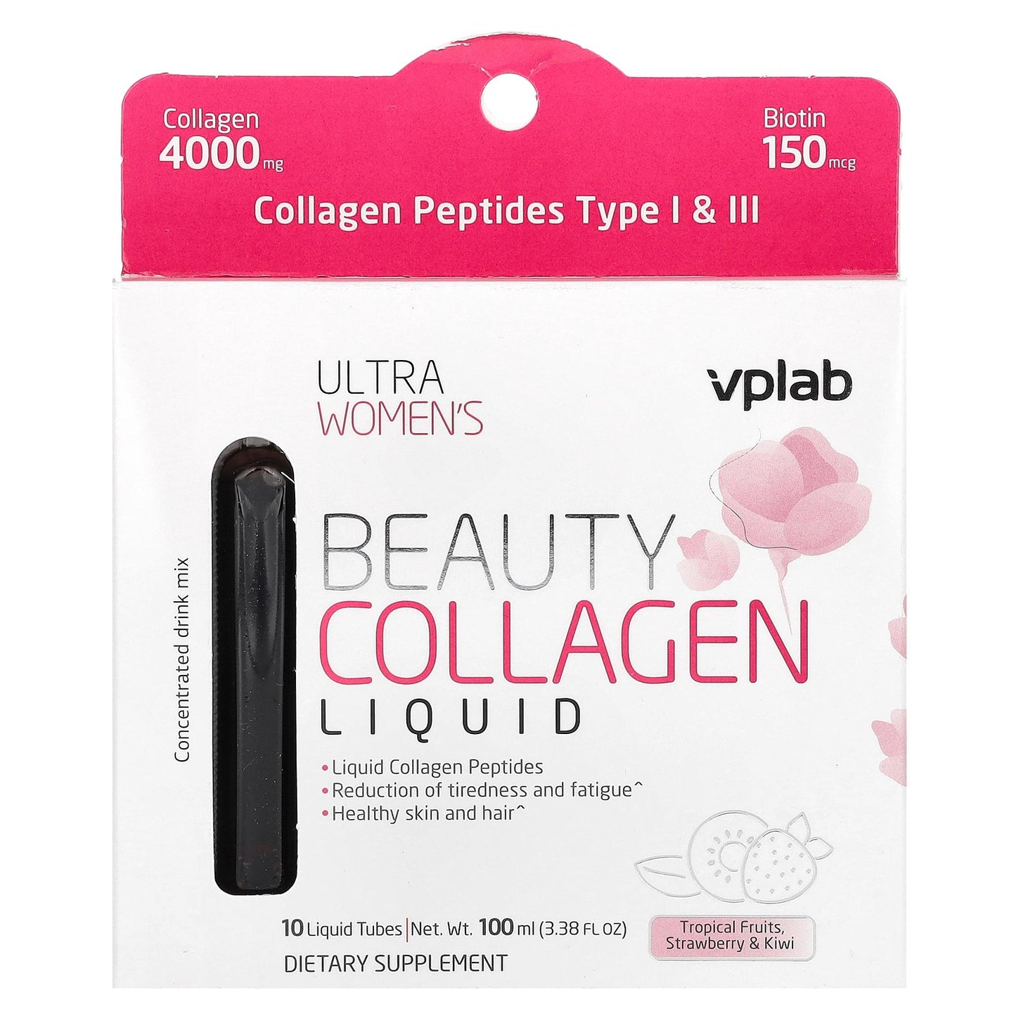 Vplab, Ultra Women's Beauty Collagen Liquid, Tropical Fruits, Strawberry & Kiwi, 10 Liquid Tubes, 3.38 fl oz (100 ml)