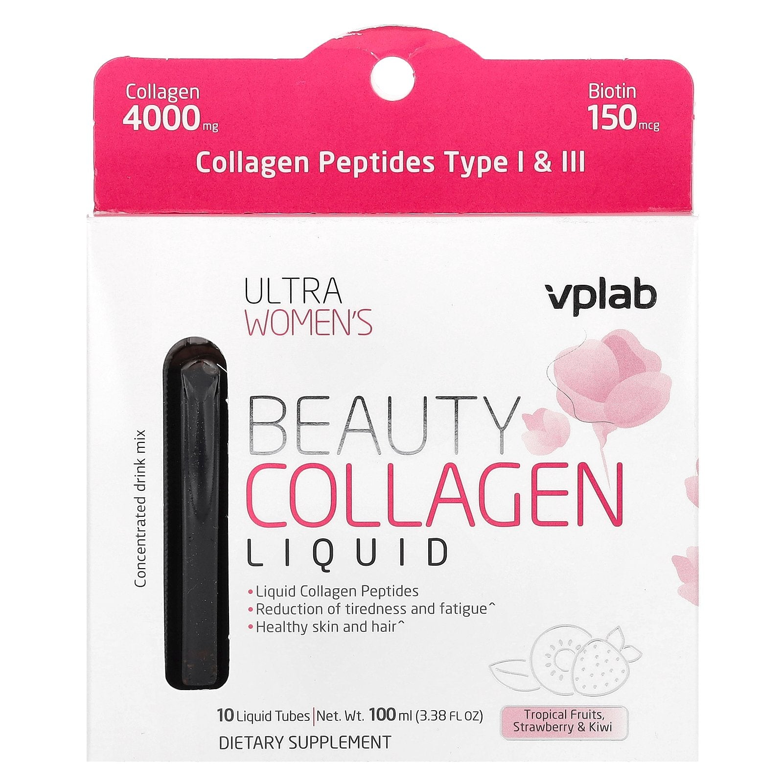 Vplab, Ultra Women's Beauty Collagen Liquid, Tropical Fruits, Strawberry & Kiwi, 10 Liquid Tubes, 3.38 fl oz (100 ml)
