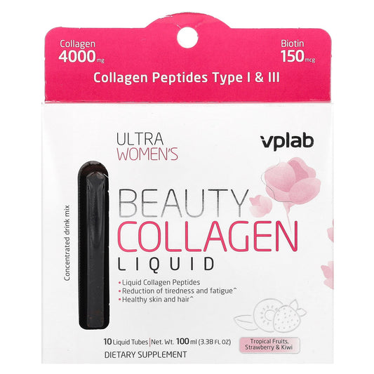 Vplab, Ultra Women's Beauty Collagen Liquid, Tropical Fruits, Strawberry & Kiwi, 10 Liquid Tubes, 3.38 fl oz (100 ml)