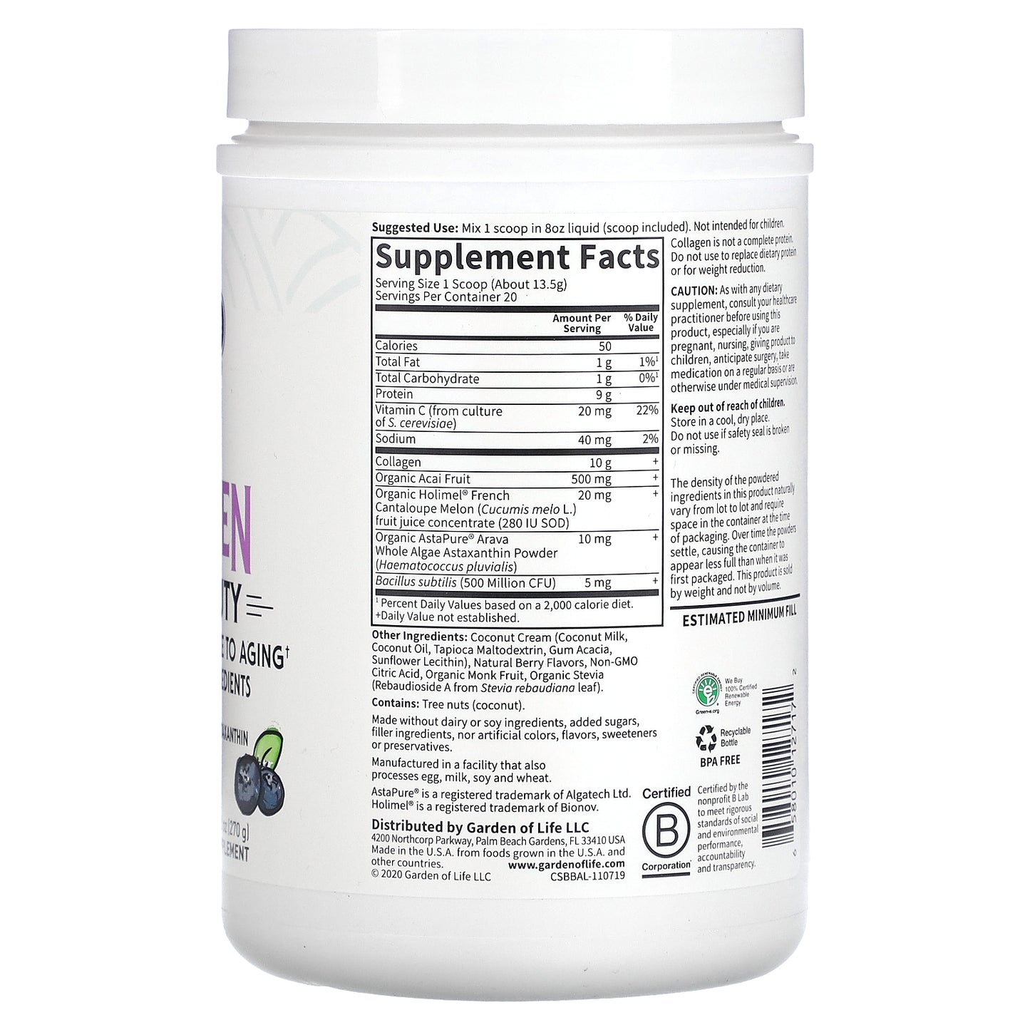 Garden of Life, Grass Fed Collagen, Super Beauty, Blueberry Acai, 9.52 oz (270 g)