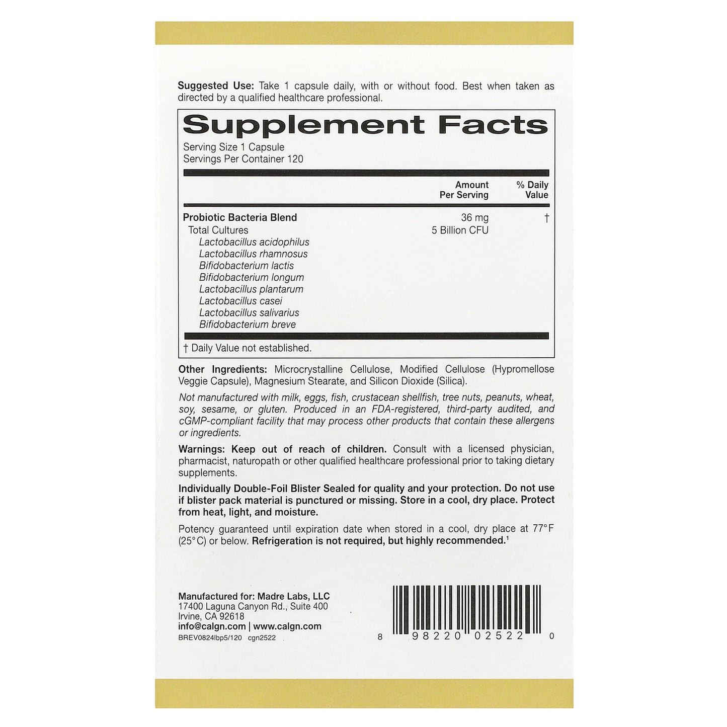 California Gold Nutrition, LactoBif® 5 Probiotics, 5 Billion CFU, 120 Veggie Capsules