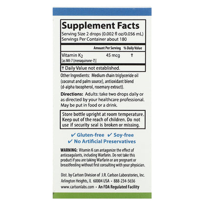 Carlson, Super Daily® K2, 45 mcg, 0.34 fl oz (10.16 ml)