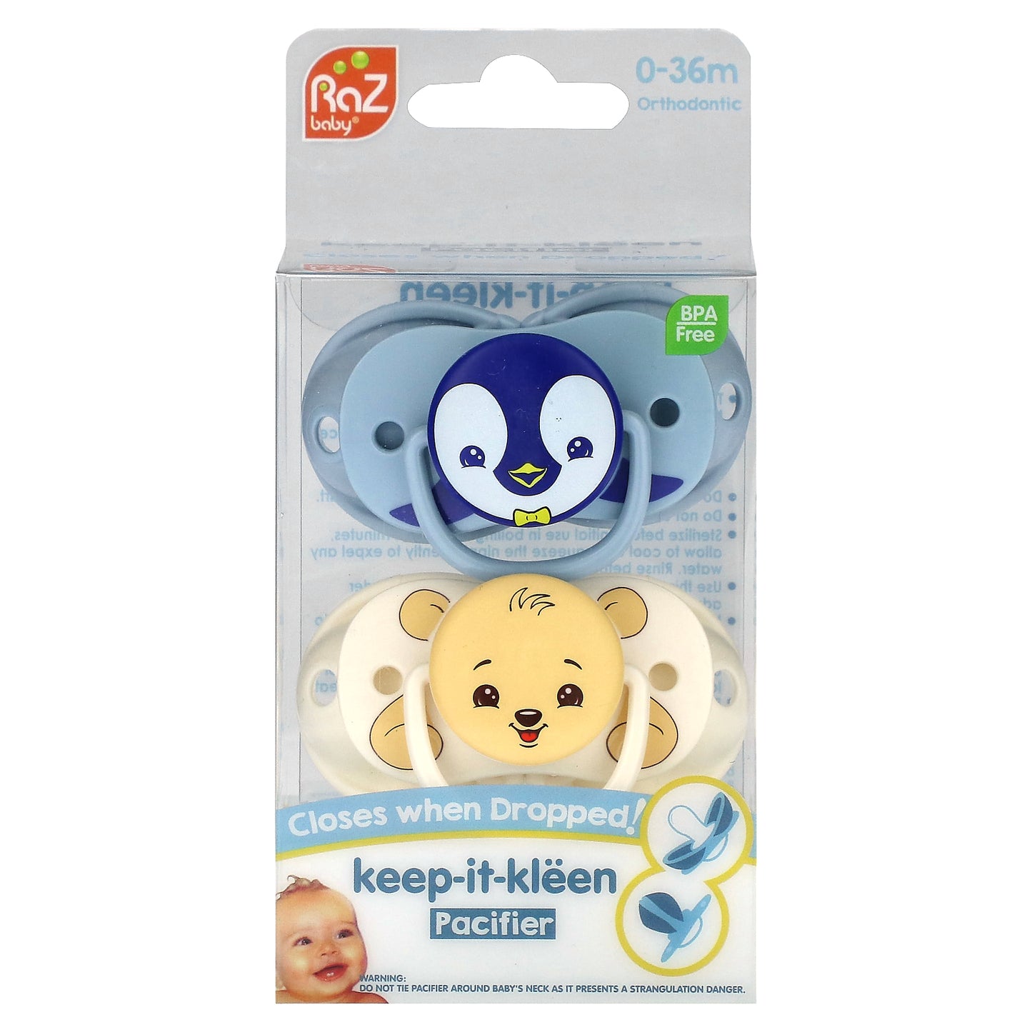 RaZbaby, Keep-It-Kleen, Pacifier, 0-36 Months, Penguin & Bear, 2 Pacifiers