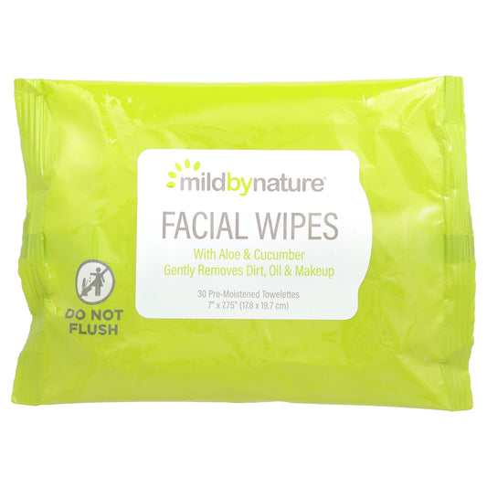 Mild By Nature, Aloe & Cucumber Facial Wipes, Biodegradable, 30 Pre-Moistened Towelettes