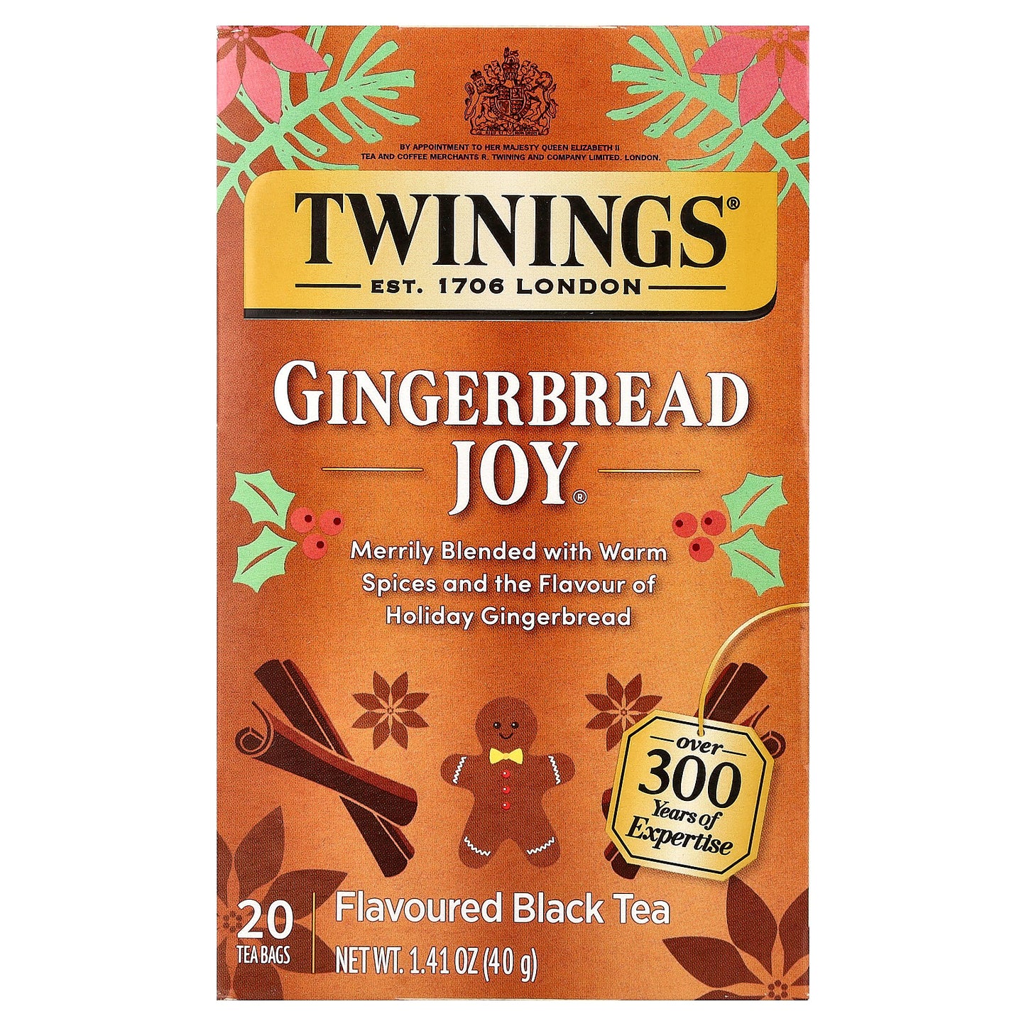 Twinings, Flavored Black Tea, Gingerbread Joy®, 20 Tea Bags, 1.41 oz (40 g)