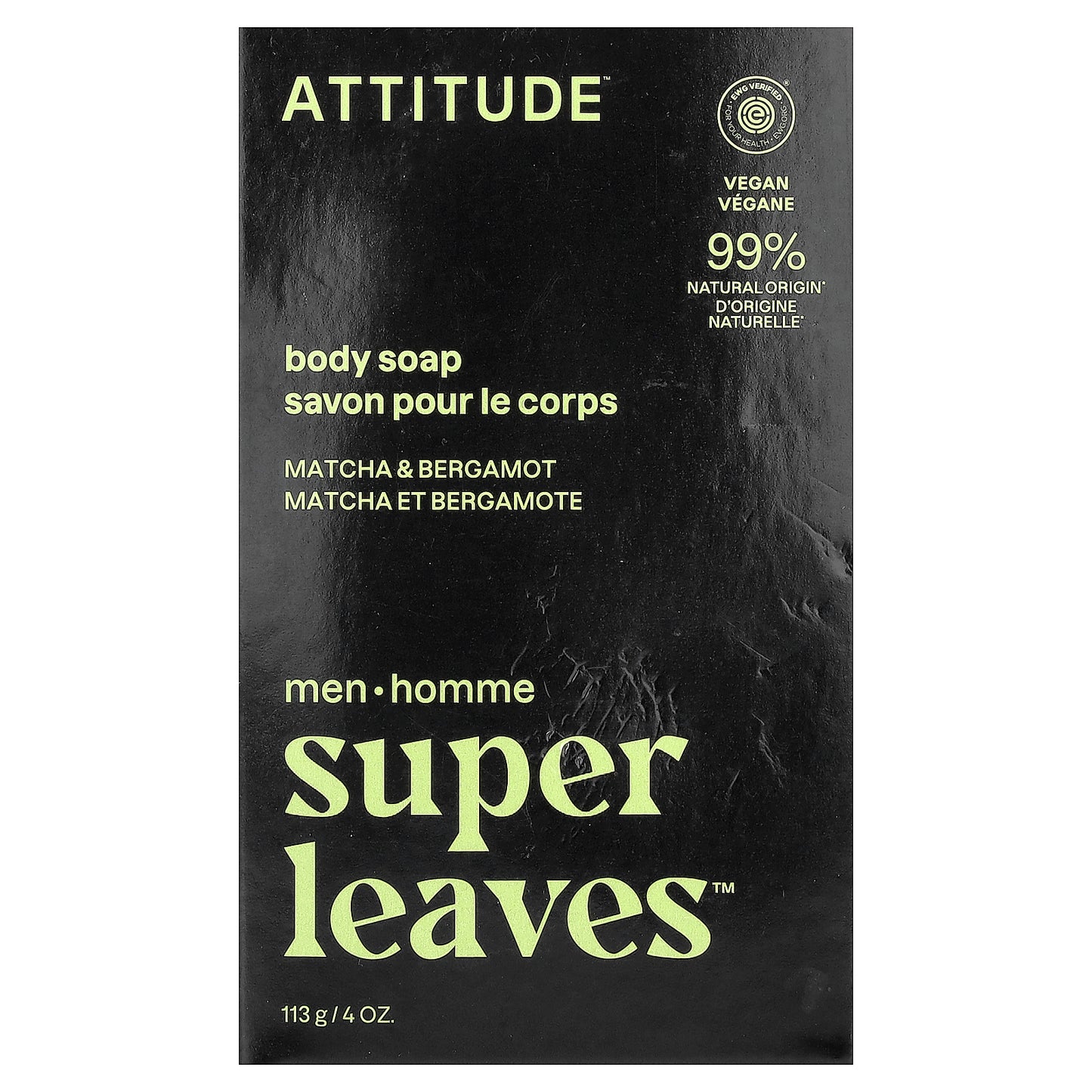 ATTITUDE, Super Leaves™, Body Bar Soap, For Men, Matcha & Bergamot, 4 oz (113 g)