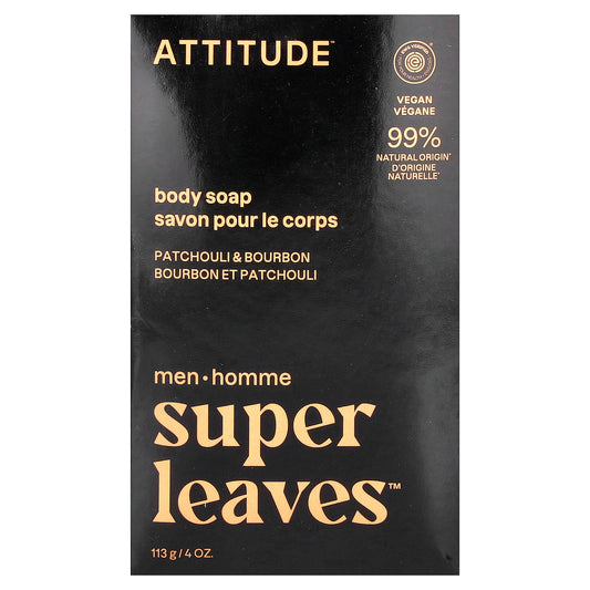 ATTITUDE, Super Leaves™, Body Bar Soap, For Men, Patchouli & Bourbon, 4 oz (113 g)