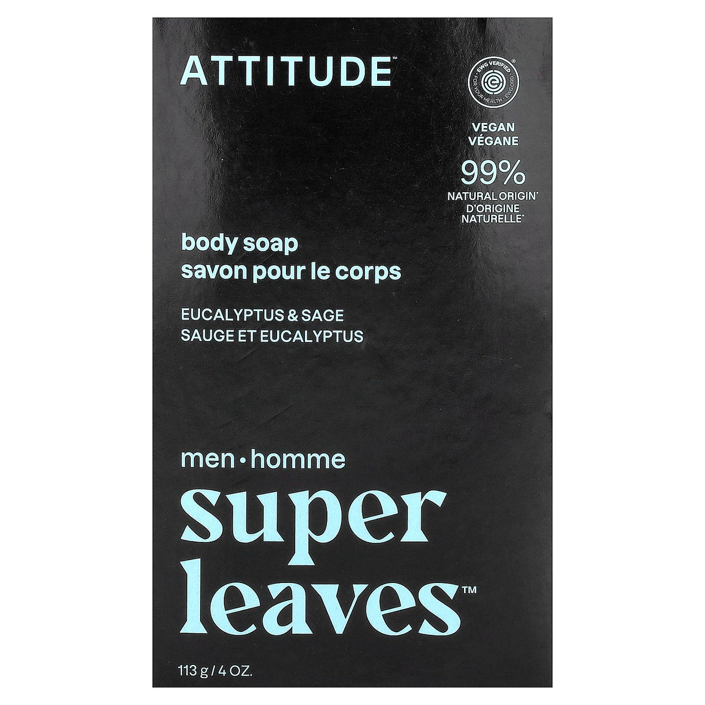 ATTITUDE, Super Leaves™, Body Bar Soap, For Men, Eucalyptus & Sage, 4 oz (113 g)