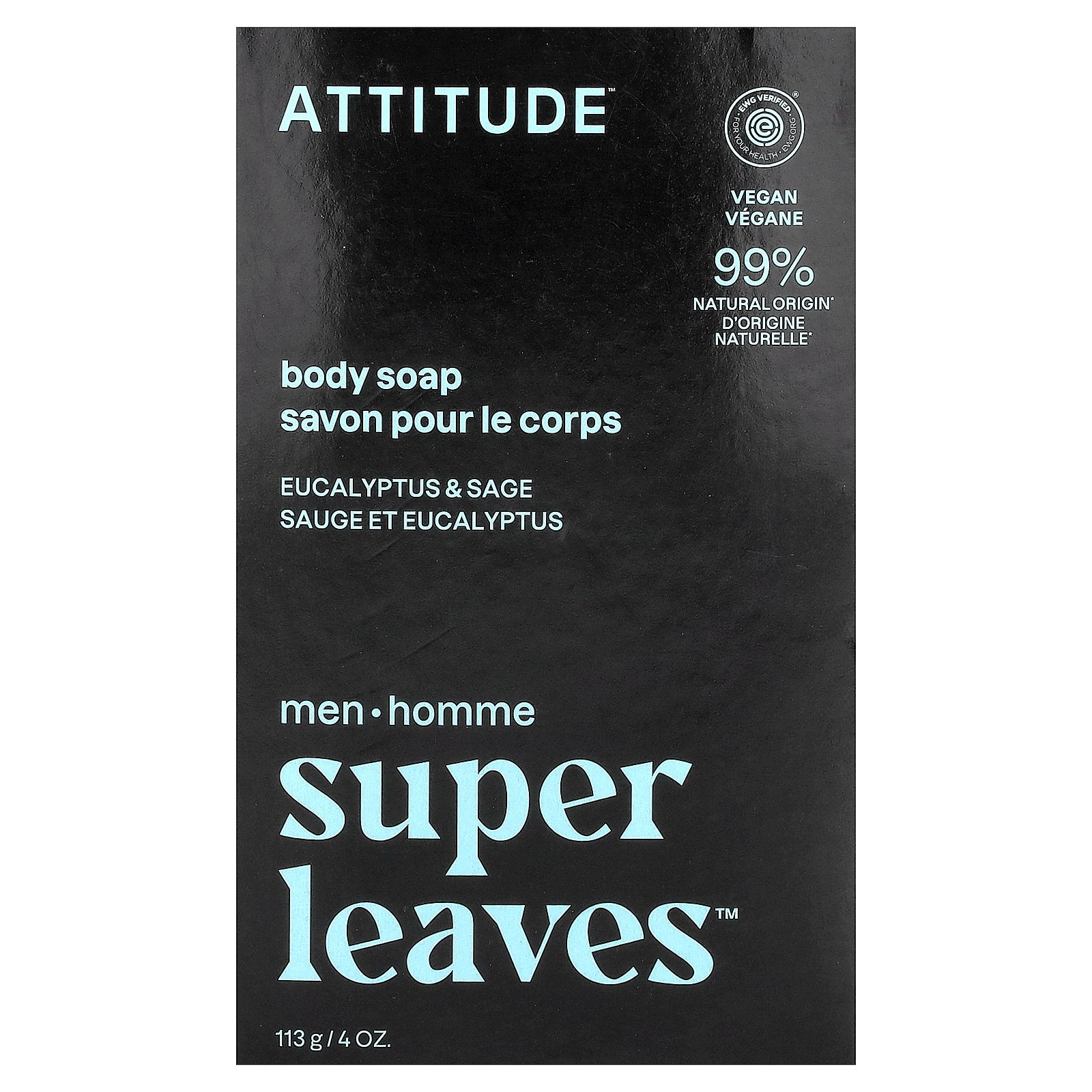 ATTITUDE, Super Leaves™, Body Bar Soap, For Men, Eucalyptus & Sage, 4 oz (113 g)